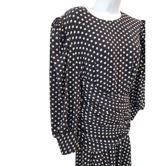 Vintage 80s Navy Blue White Polka Dot Long Midi Dress S Blouson Drop Waist - Picture 2 of 7